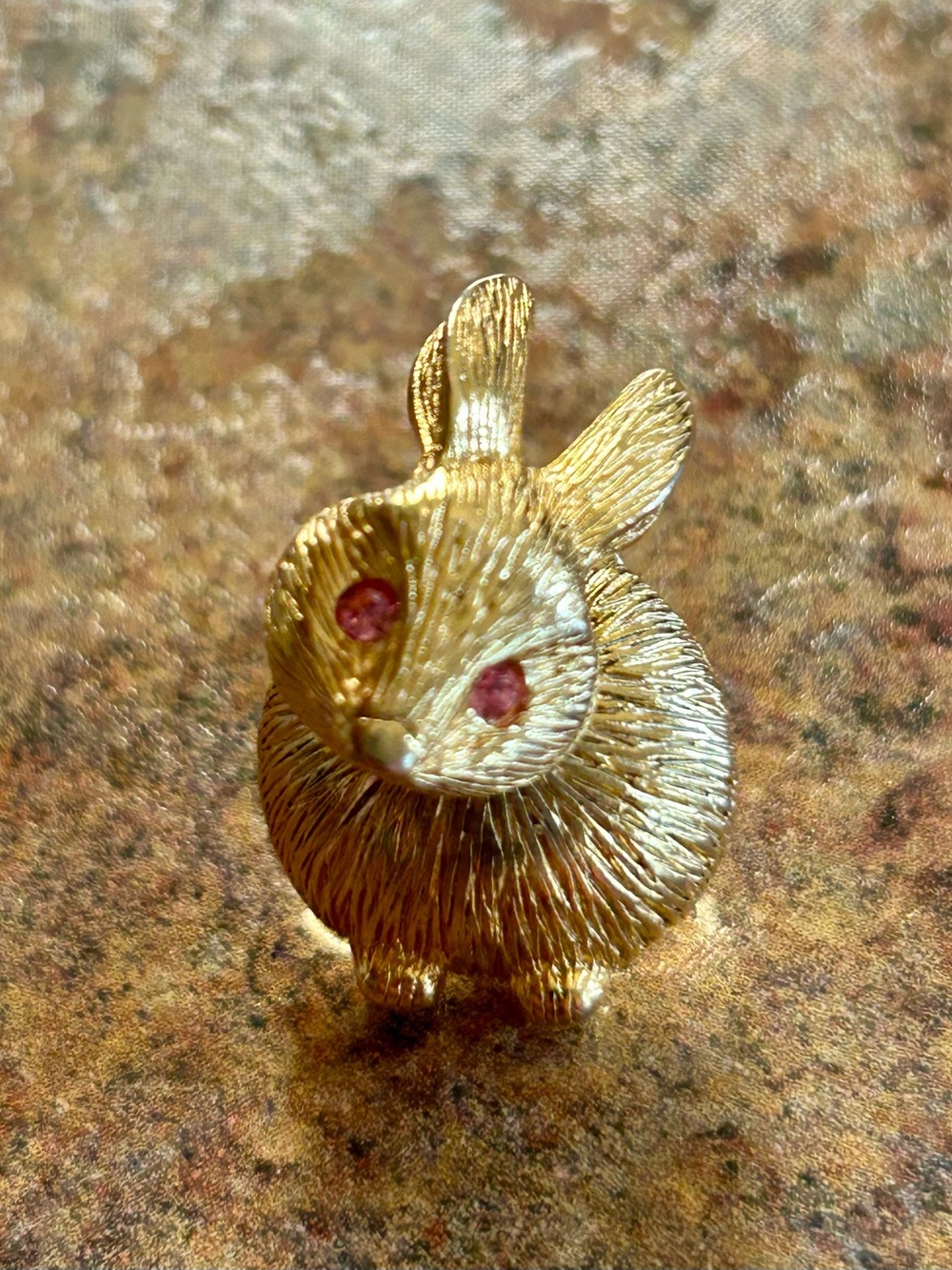 Gold Bunny Rabbit Pin with Pink Gem Eyes -with Bobbing Head (see video)